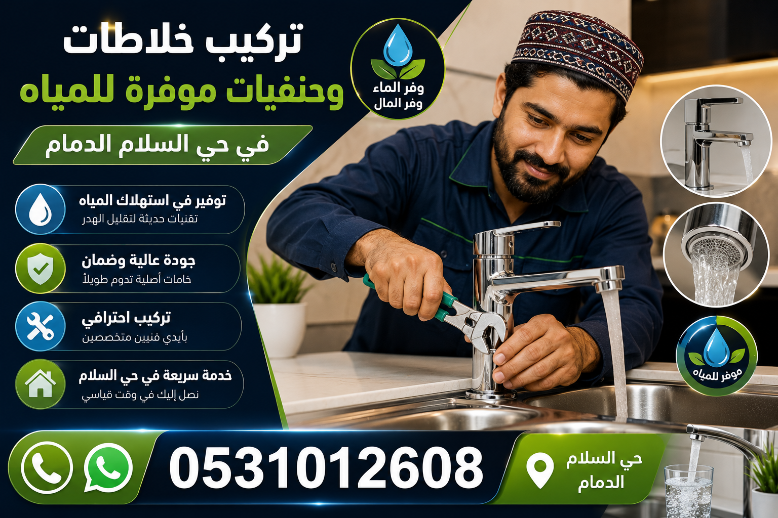 تركيب خلاطات وحنفيات موفرة للمياه في حي السلام الدمام | 0531012608