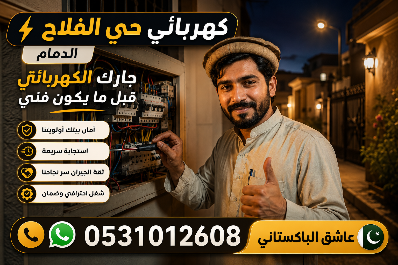 كهربائي حي الفلاح الدمام — جارك الكهربائي قبل ما يكون فني| عاشق الباكستاني 0531012608