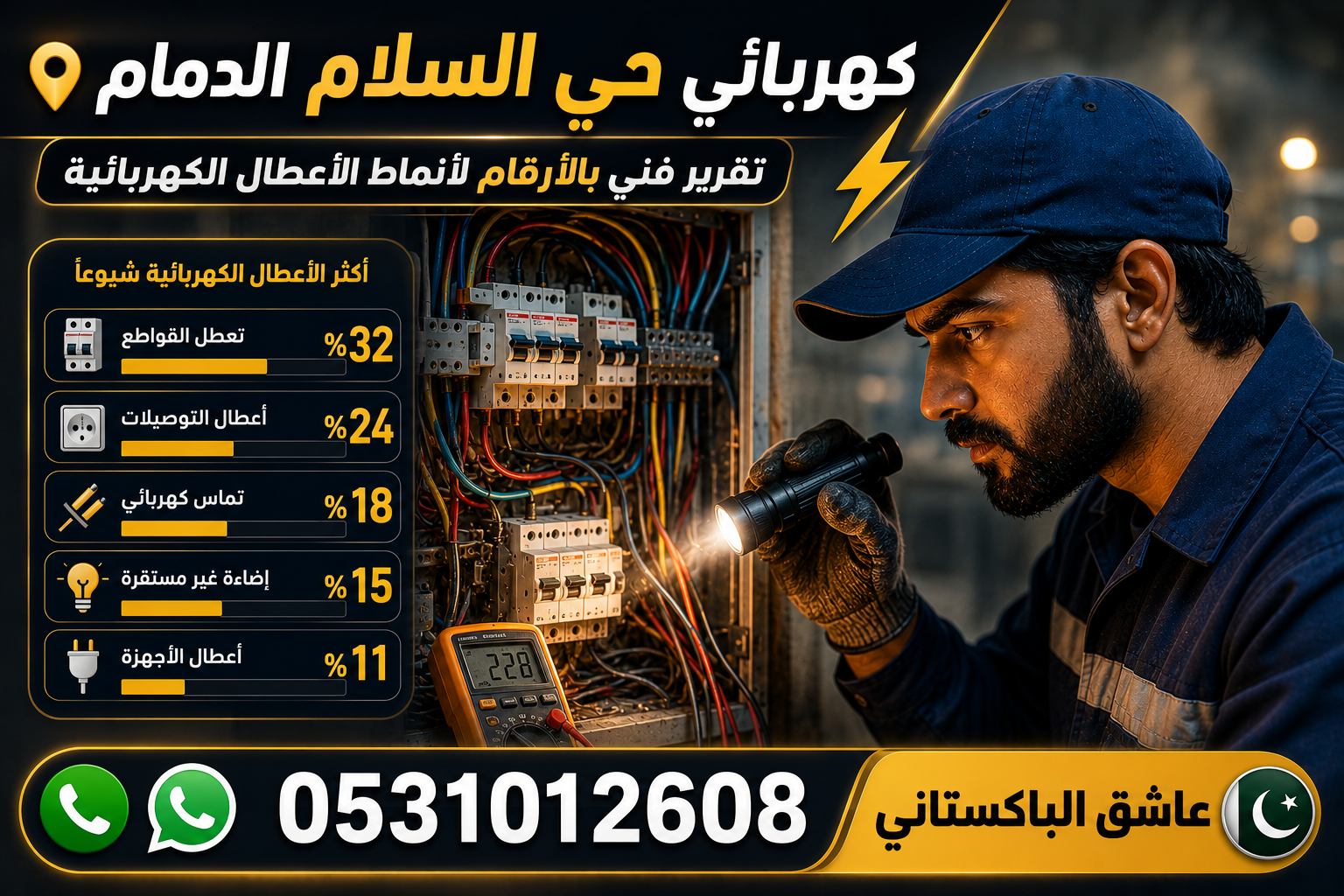 كهربائي حي السلام الدمام — تقرير فني بالأرقام لأنماط الأعطال الكهربائية |0531012608